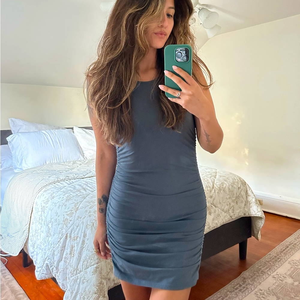 Aritzia TNA Charcoal Malibu Ruched Mini Dress